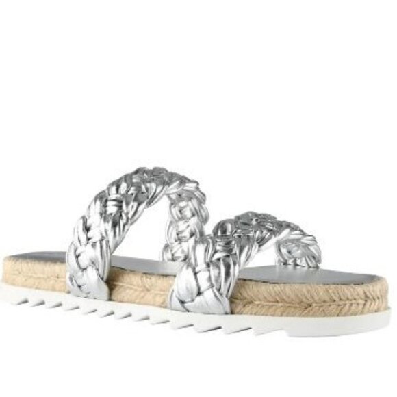 Marc Fisher Womens Silver Leather Platform Espadrille Slide Sandals Sz 8.5 New - Picture 2 of 11